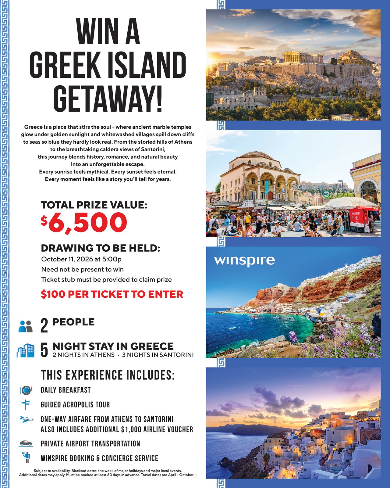 2026 raffle flyer for a 5-night trip to Greece